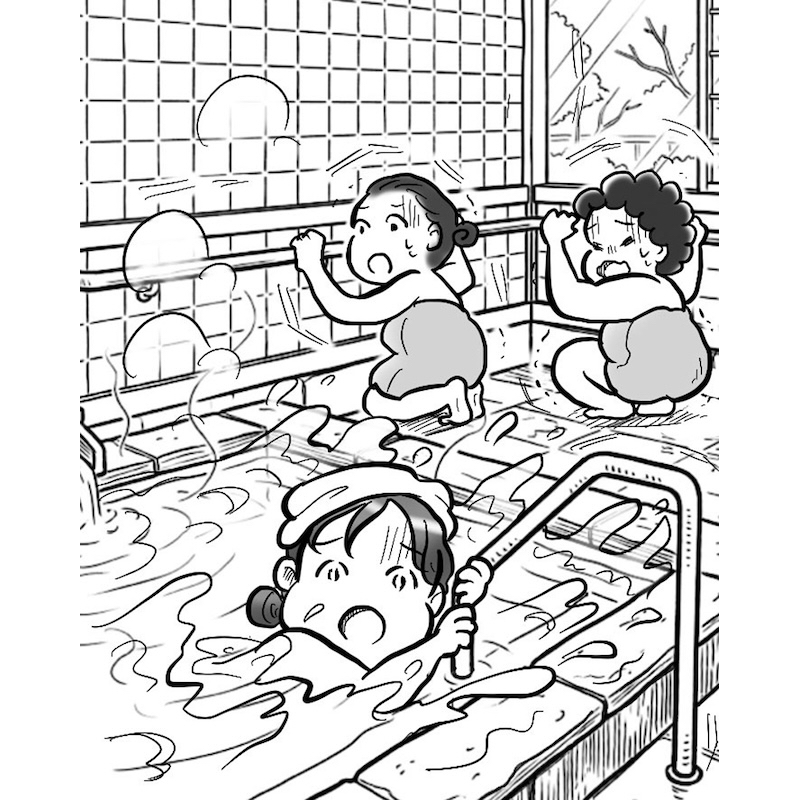 「濡れた床での転倒に注意」（イラスト／たばやん）