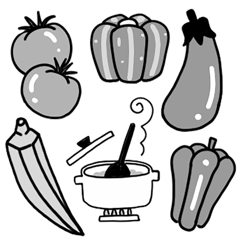 夏野菜の煮込みで栄養補給（イラスト／うえだのぶ）