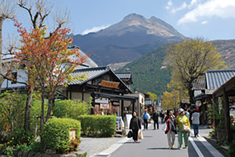 由布岳を背景にのどかな街並みが延びる湯布院のメインストリートや、由布見通りをのんびり散策できる