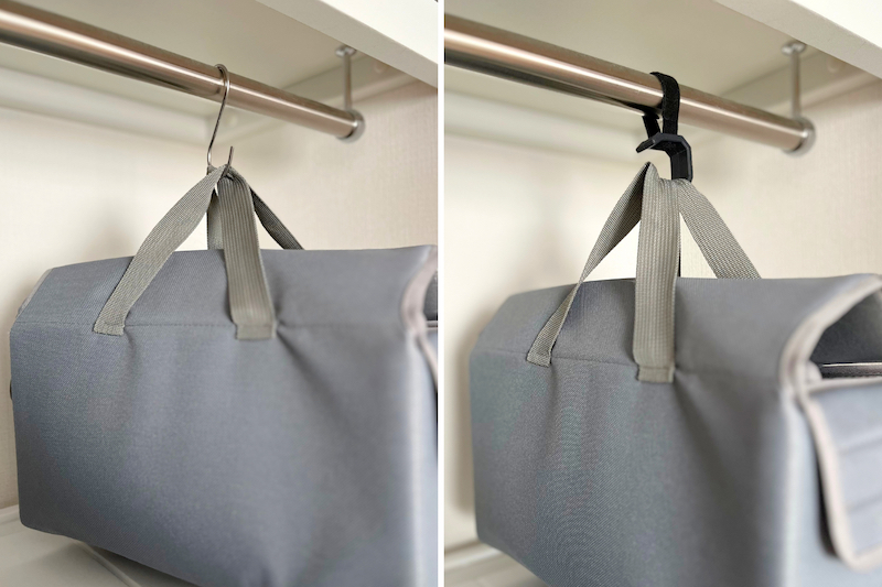 クローゼット内での使用例。S字フックから「ファスナーフック」に変えたことで、ポールからフックが荷物と一緒に外れるストレスがゼロに