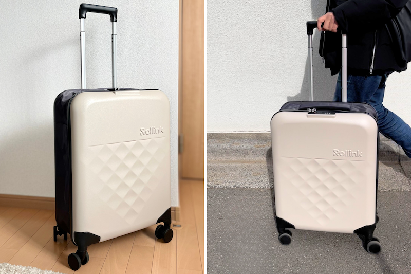 右：『Rollink』の「FLEX360° Spinner スーツケース39L」Amazonで割引などを使い2万円で購入　左：身長159cmの筆者の膝やや上くらいのサイズ感