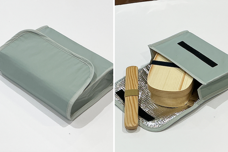 「【山中塗】天然木わっぱ」は、「たためる保冷ランチバッグ 平型」にぴったりおさまる！（写真提供：KEYUCA）