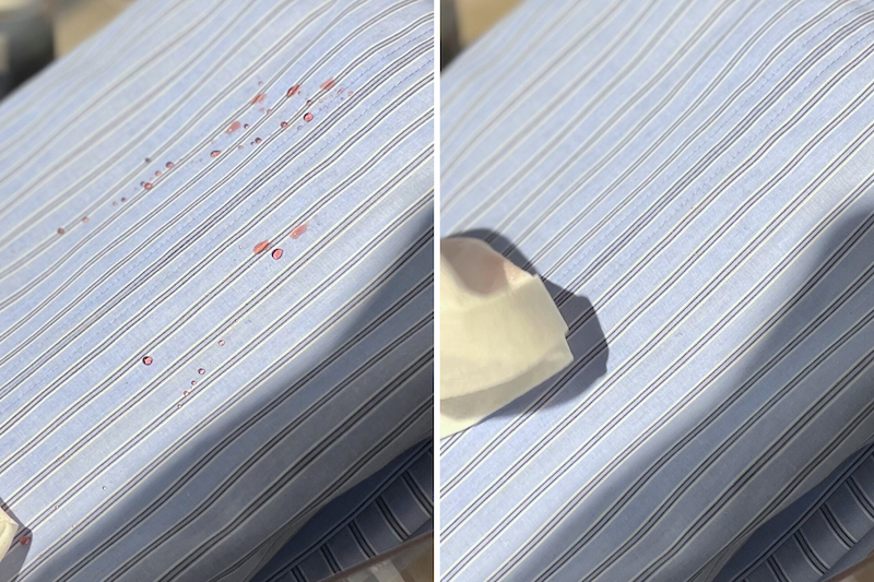 左：防汚撥水機能を実際に体験！「すごナノ撥水」生地にワインを垂らしてみたところ。一般的な生地だとすぐにじんでシミになってしまうが…　右：サッと拭くだけできれいに！