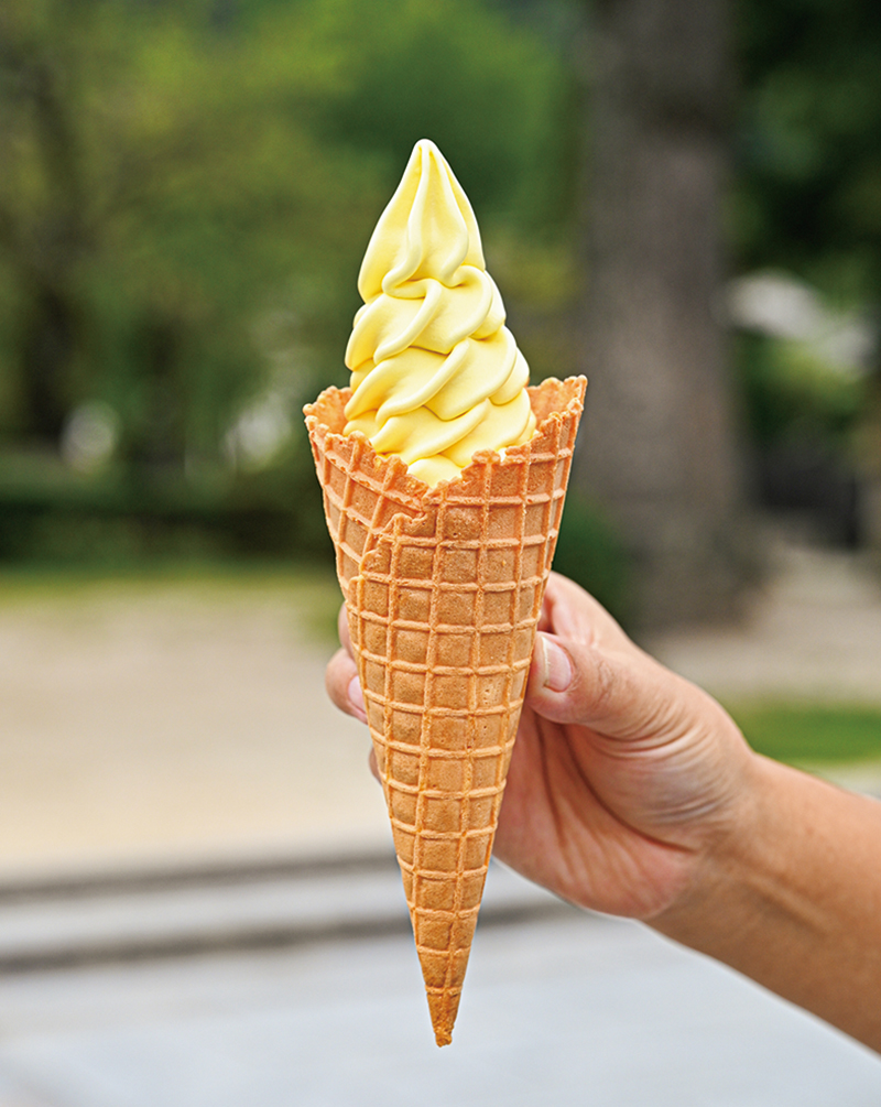 右から『薩長同盟ソフトクリーム』（500円）は山口産の夏みかんと鹿児島産のさつまいもが夢の競演。