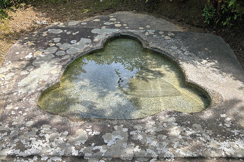 塔心礎（とうしんそ）といい、五重塔の中央を支えた柱の土台の石。中心の丸い柱穴の周囲三方に添柱の溝がある珍しい形で、“大仏さまが座っているよう”と、人気が高いスポット。