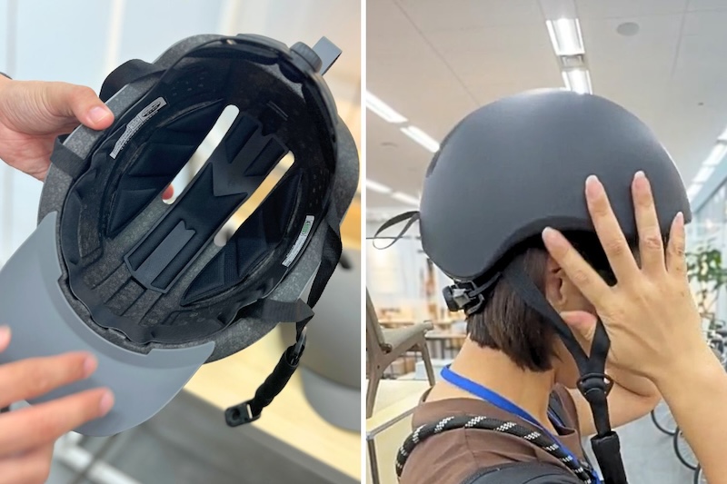 前髪がぺったりつぶれるのを防いでくれる、ヘルメット内側の構造（左）。筆者がかぶっている様子。とにかく軽さにびっくり！（右）。