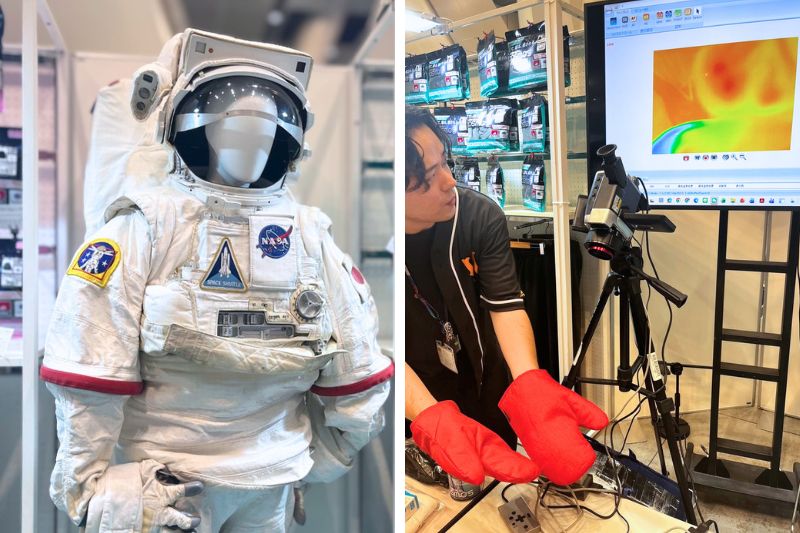 発表会の会場には、“宇宙”を連想させる展示も（左）。「アウトラスト」の温度調節機能の実験コーナーの様子。実際に機能性を体験＆可視化できたことで、すごさを実感！