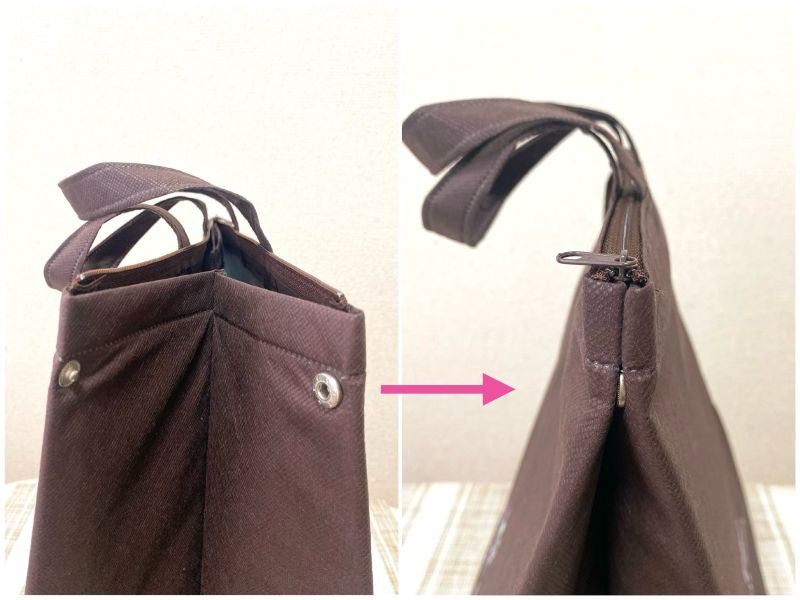 サイドのボタンを留めるだけで、バッグのシルエットがすっきり整います