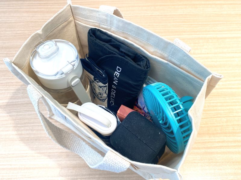 水筒や日傘、ハンディファン、サングラスなど夏の必需品がすっきり収まる